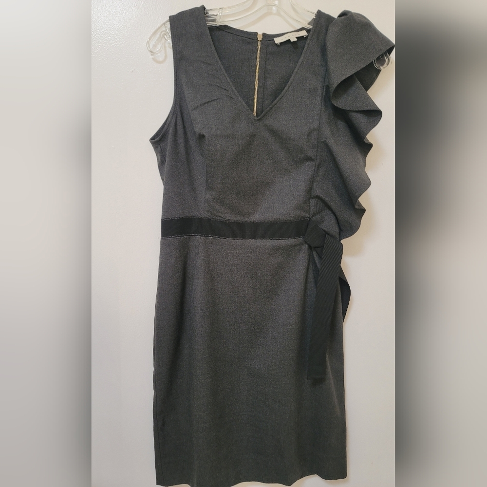 Sandro Paris Dress Gray Ruffle Trim Ribbon Belted Sheath Stretch Size Small New - Picture 4 of 16